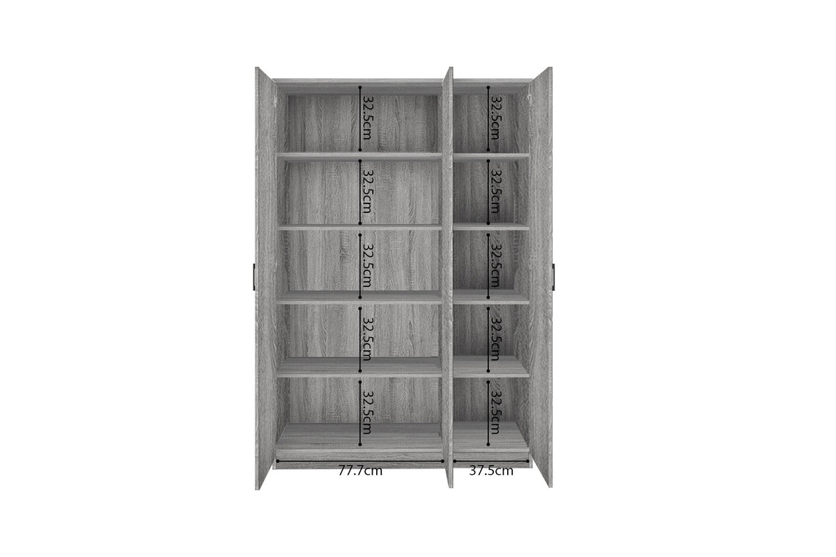 Rousseau - Opbergkast Ray 3 deuren en 4 legplanken Grijze eik - 180x120x40 cm