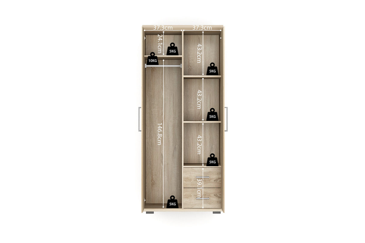 Rousseau - Kleerkast Mike 2 deuren Sonoma - 183x80x52 cm
