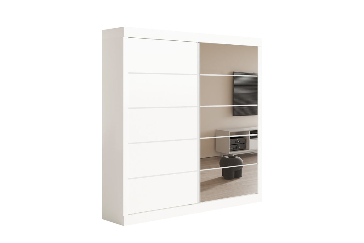 Rousseau - Armoire Mike 2 Portes Coulissantes, 1 Porte Miroir Blanc - 197,5x182,5x52,5 cm