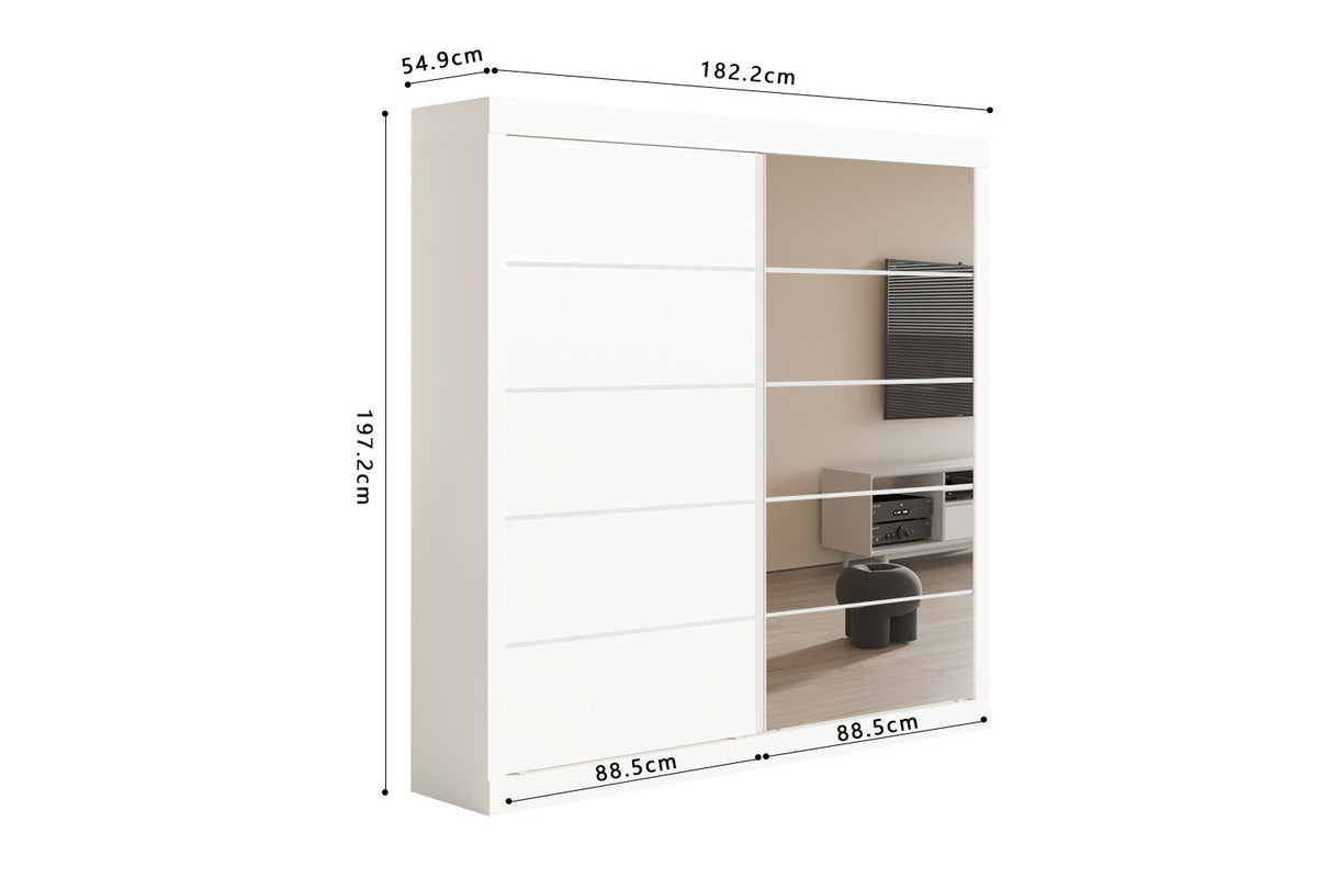 Rousseau - Armoire Mike 2 Portes Coulissantes, 1 Porte Miroir Blanc - 197,5x182,5x52,5 cm