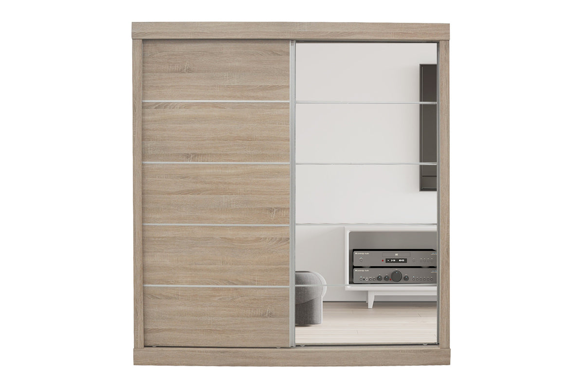Rousseau - Armoire Mike 2 portes coulissantes, 1 porte miroir Sonoma - 197,5x182,5x52,5 cm