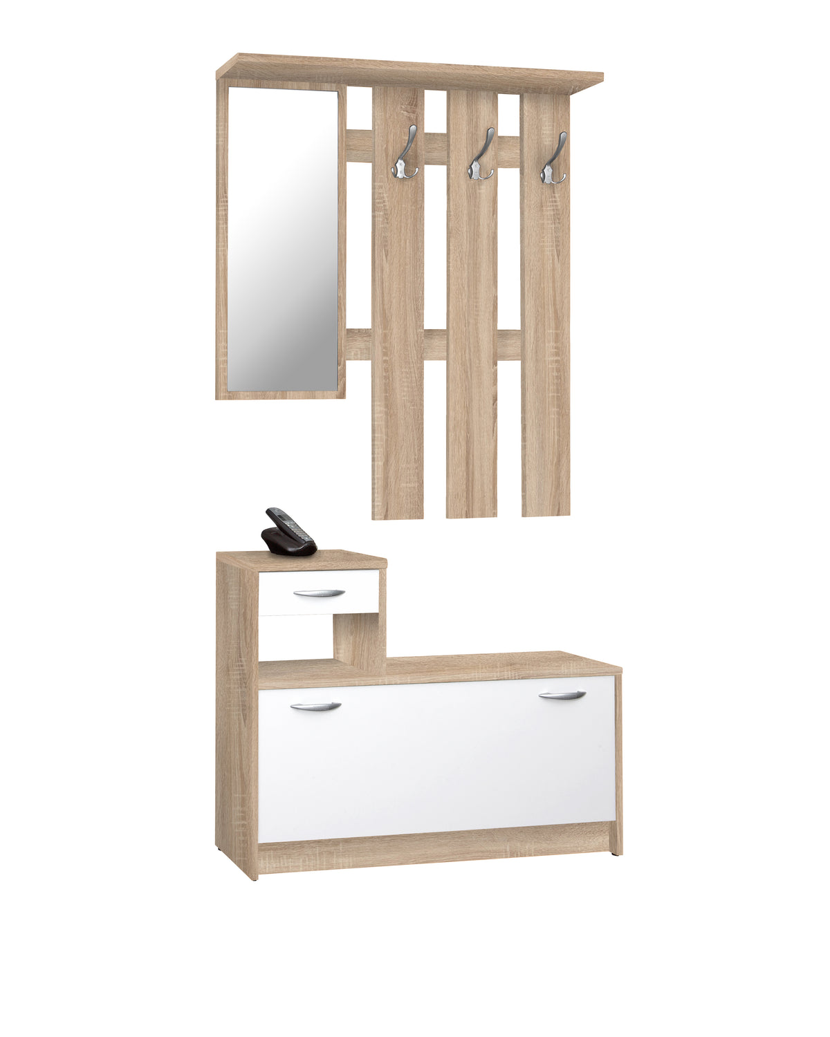 FIN - Halmeubel Rudolf - Wit/Eiken - Speigel, 3 kapstokken en 2 lades - 100x180hx25cm