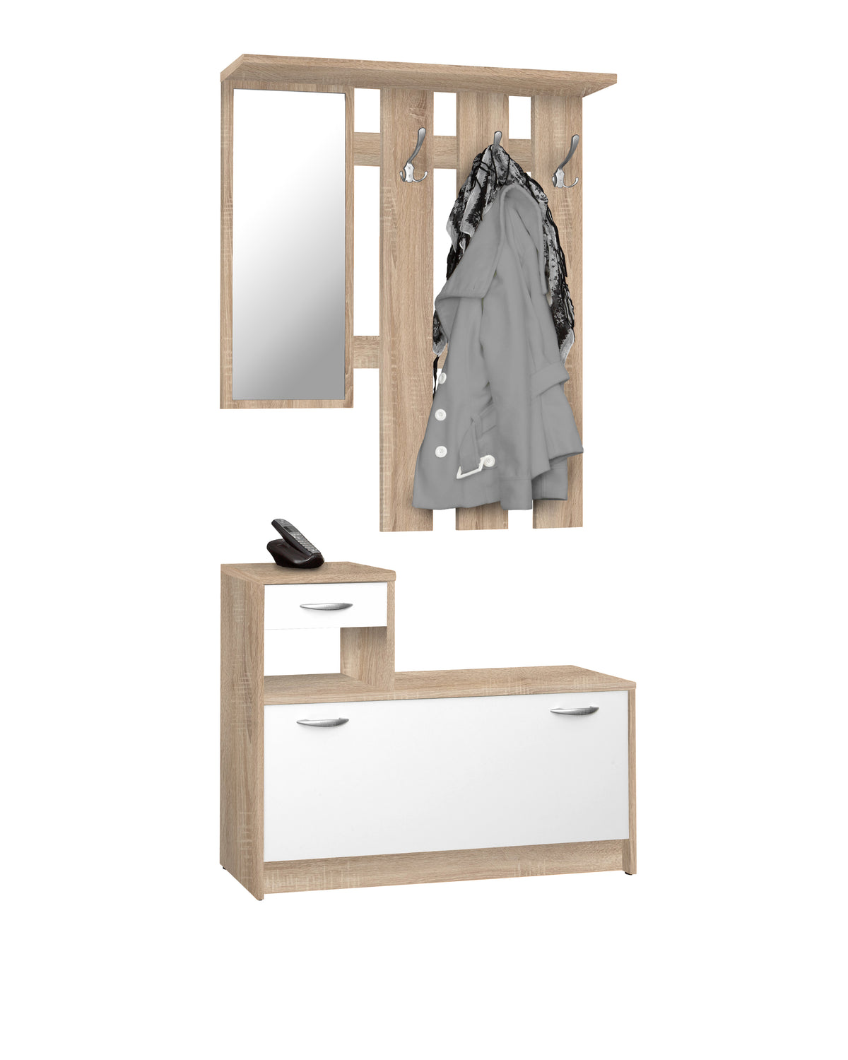 FIN - Halmeubel Rudolf - Wit/Eiken - Speigel, 3 kapstokken en 2 lades - 100x180hx25cm