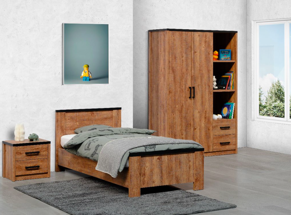 TYC - Jeugdkamer Oline - 3-delige set met 2-deurs kleerkast - Industrial oak - black line