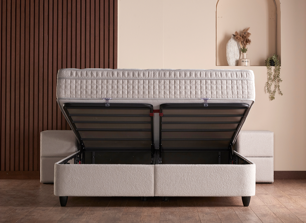 2BM - Boxspring Alice - Opbergruimte – Licht ecru boucle stof – 140x200cm