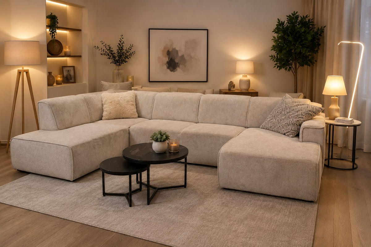 2BM - Salon Billund - U-Vorm - Rechts - Beige Velours - 200x345x170 xd92x80h