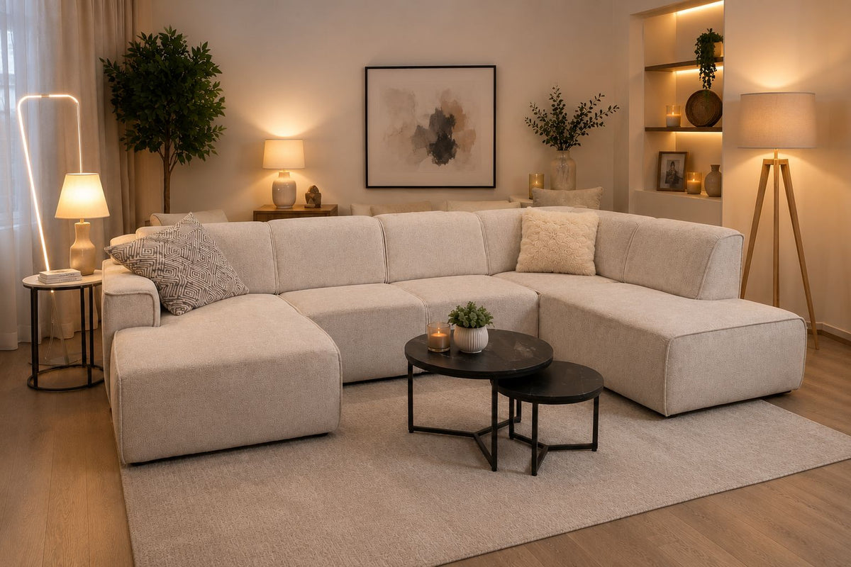 2BM - Salon Billund - Links - U-Vorm - Beige Velours - 200x345x170 xd92x80h