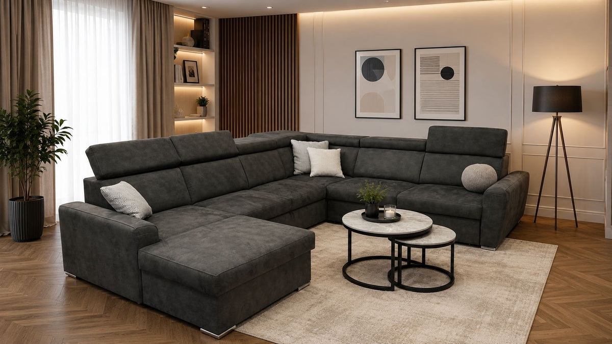 2BM – Hoeksalon Clara – Links - Opbergruimte – Bedfunctie – Grijze microvezel – 170x338x261cm