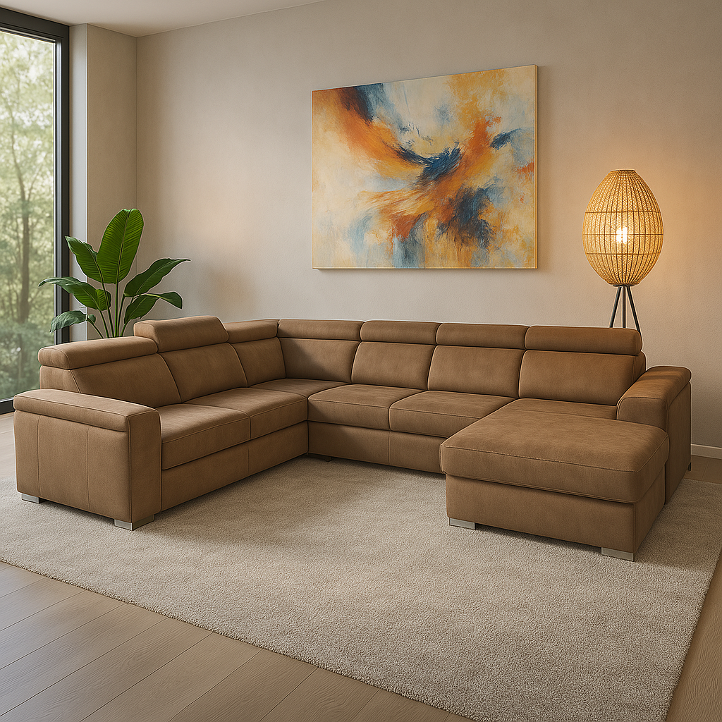 2BM – Hoeksalon Clara – Rechts - Opbergruimte – Bedfunctie – Bruine/Taupe microvezel – 261x338x170cm