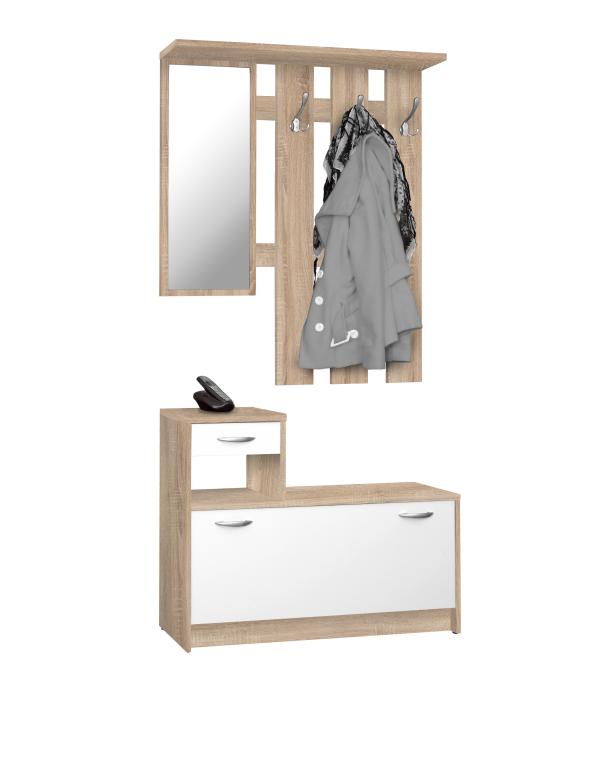 FIN - Halmeubel Rudolf - Wit/Eiken - Speigel, 3 kapstokken en 2 lades - 100x180hx25cm
