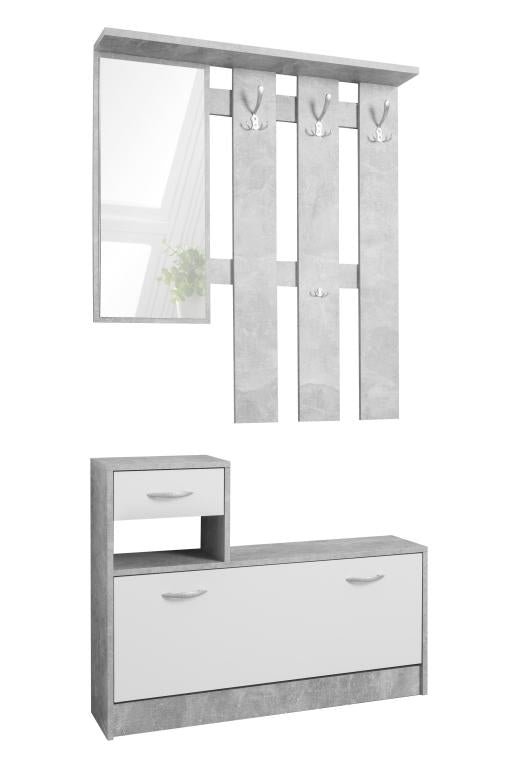 FIN - Meuble d'entrée Rudolf - Blanc/Gris - Miroir, 3 patères et 2 tiroirs - 100x180hx25cm
