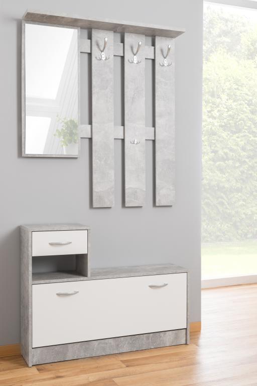 FIN - Meuble d'entrée Rudolf - Blanc/Gris - Miroir, 3 patères et 2 tiroirs - 100x180hx25cm