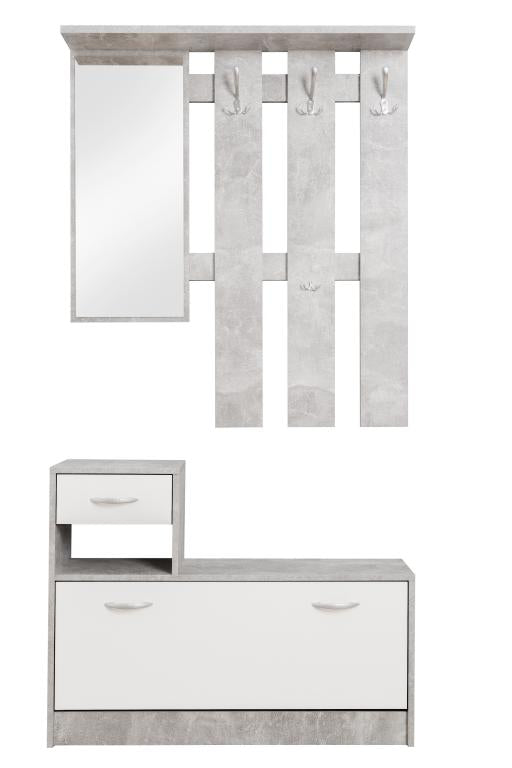 FIN - Meuble d'entrée Rudolf - Blanc/Gris - Miroir, 3 patères et 2 tiroirs - 100x180hx25cm