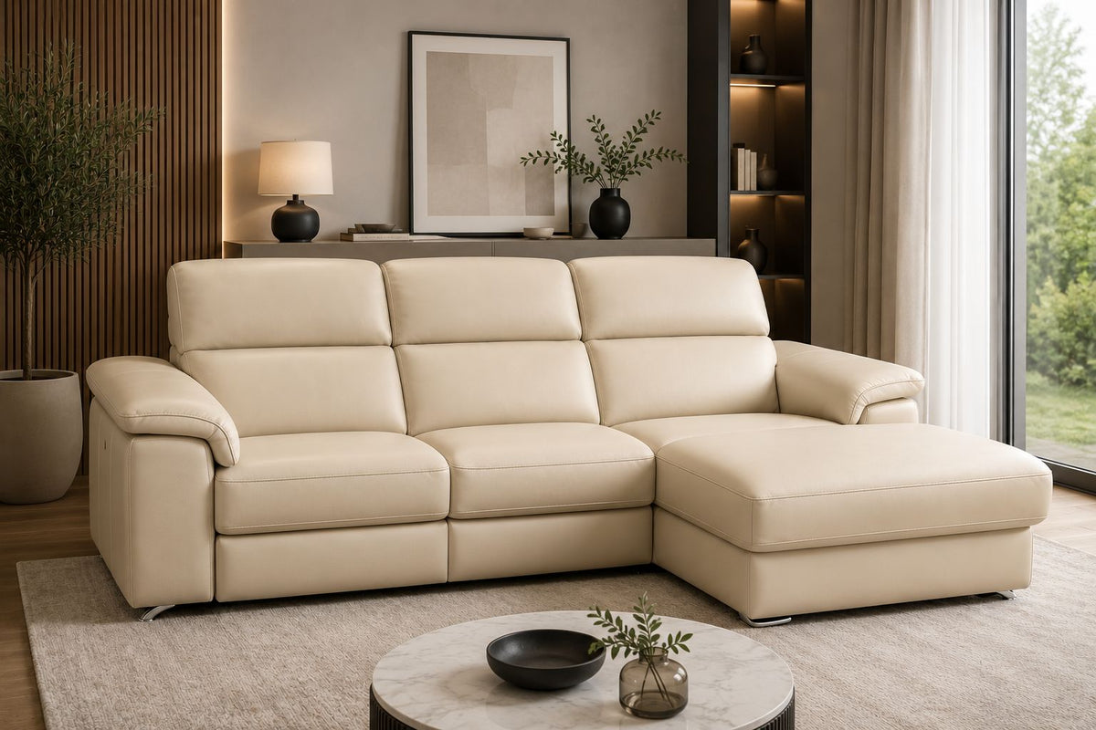 Altoni - Hoeksalon Pandora - 1 Elektrische relax - Beige leer - Rechts - 260x172cm
