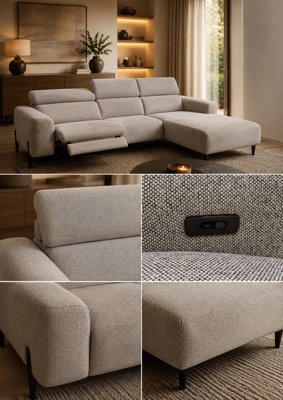 2BM - Hoeksalon Elias - Links - 2 Elektrische relaxen - Taupe stof - 200x317cm