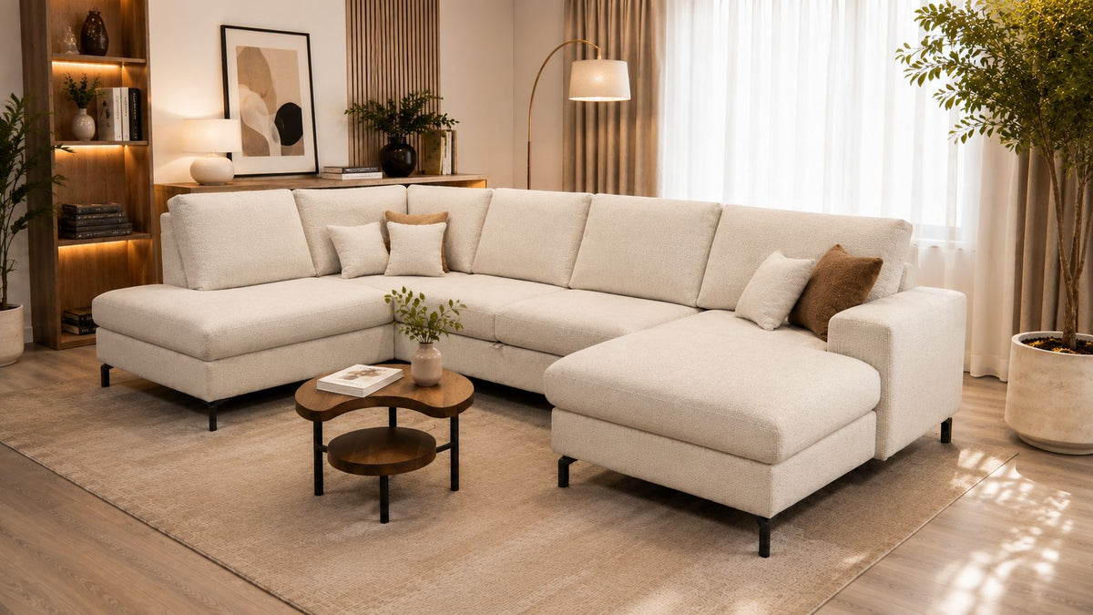 2BM - Hoeksalon Polo - Bedfunctie - Rechts - Beige stof - 200x305x150cm